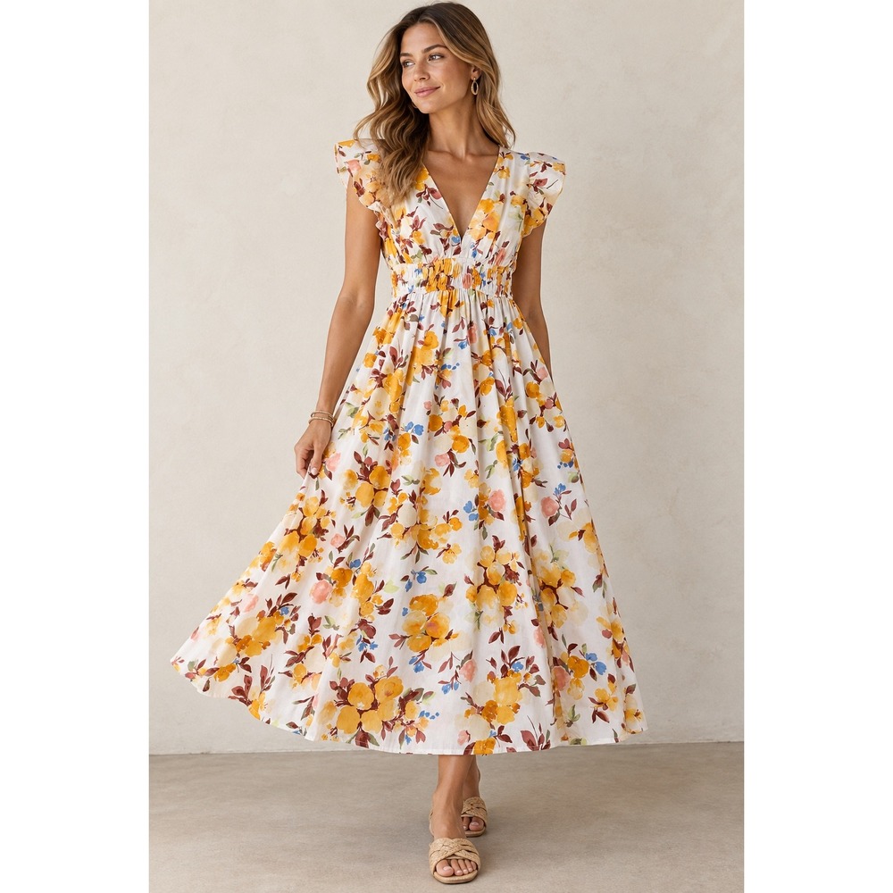 Abercrombie & Fitch Floral Flutter Sleeve Smocked Maxi Dress Yellow Orange Small